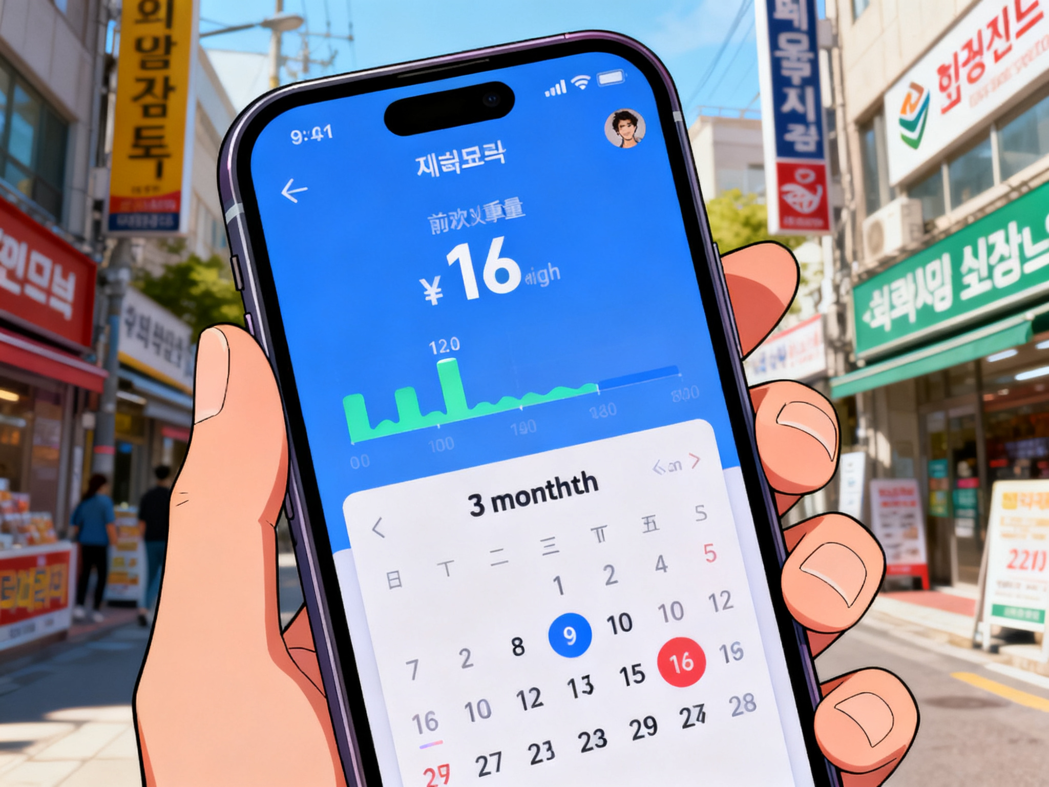 Before-state: fitness tracking app on a phone showing initial high weight baseline and calendar marking three-month commitment.
