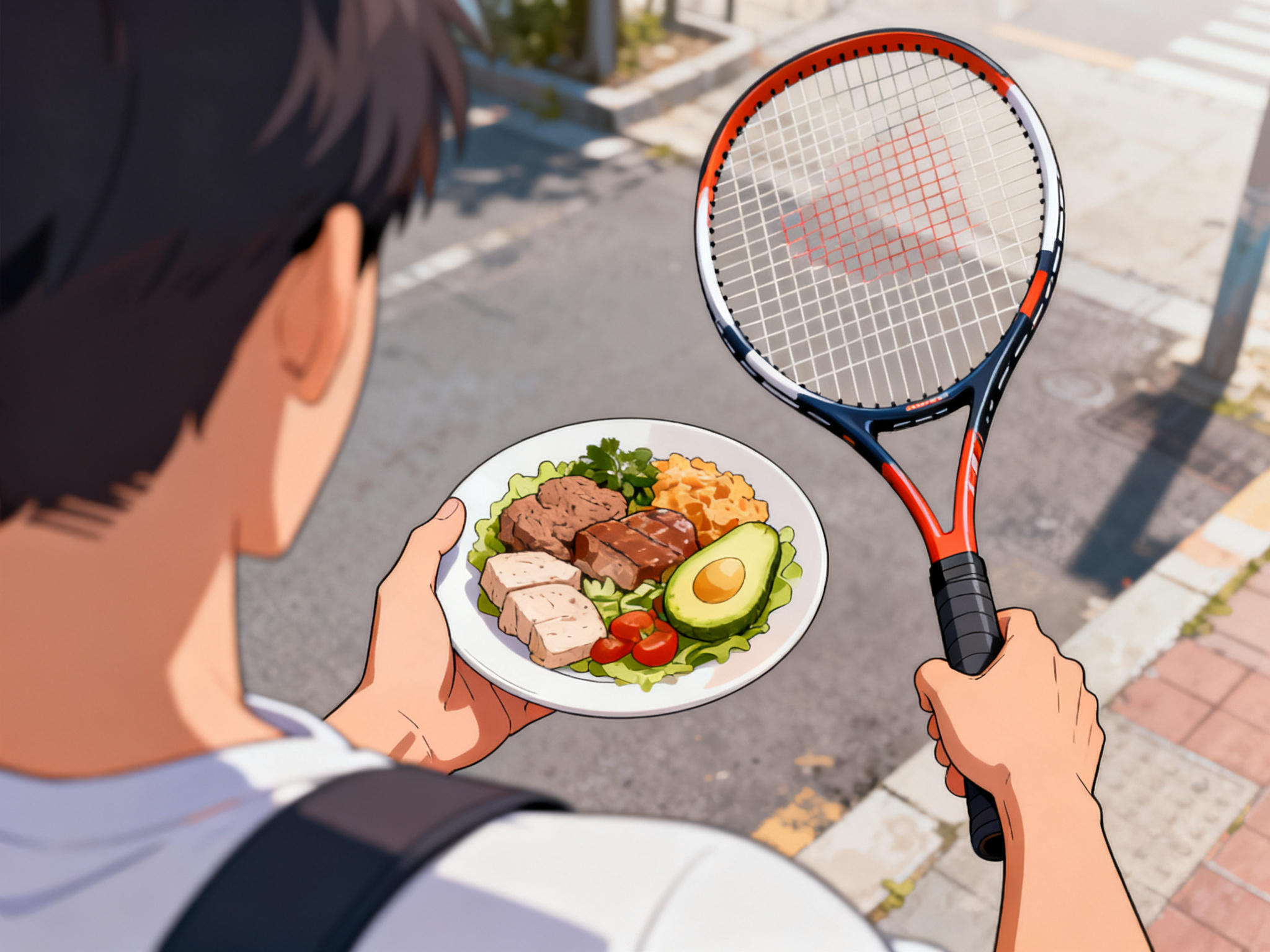 Peak action: hands holding a plate of protein-rich meal and tennis racket, symbolizing diet and exercise routine in progress.