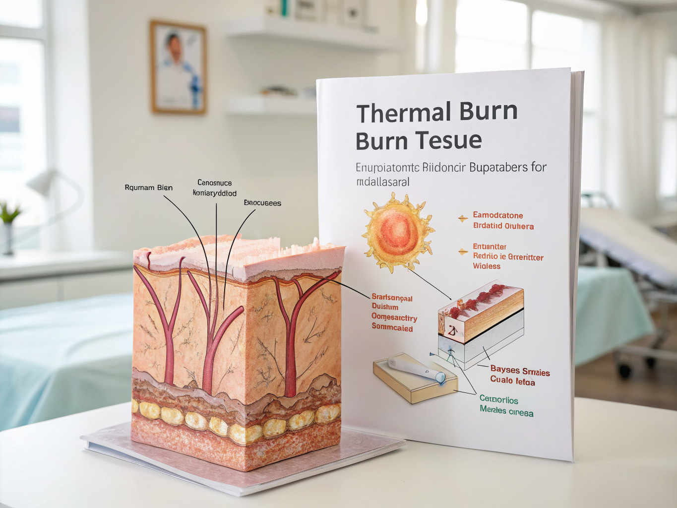 Cross-section diagram showing degrees of thermal burn injury: shallow first-degree erythema versus deeper second-degree tissue damage.