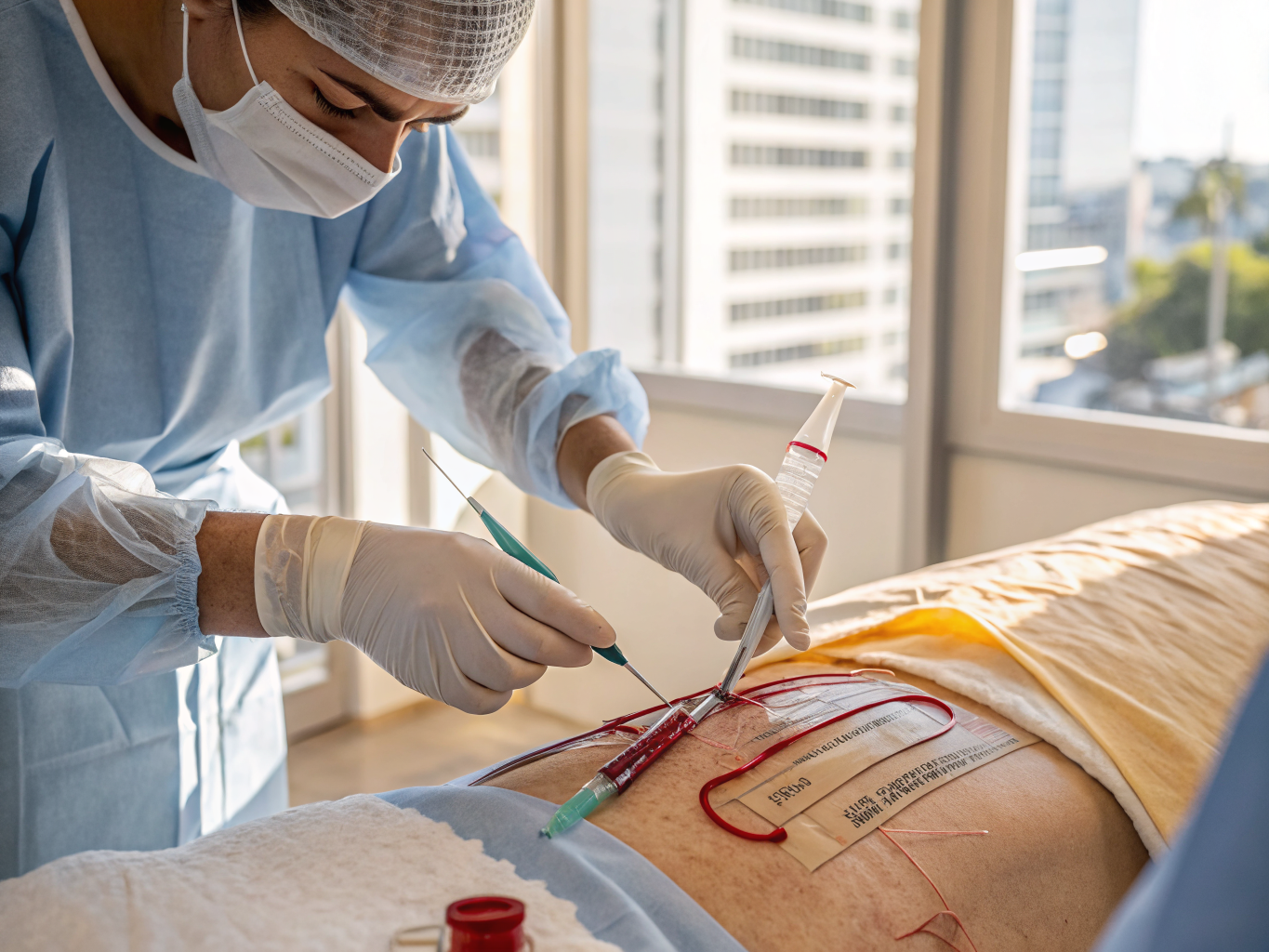 Hands performing direct pressure hemostasis on laceration wound with sterile gauze, followed by wound irrigation technique.