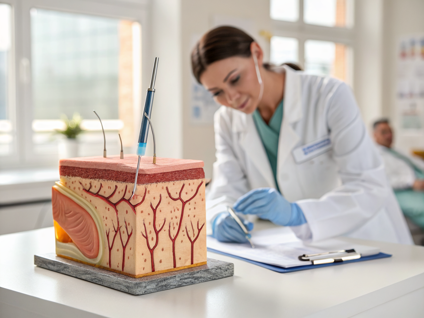 Anatomical illustration of precise layered suture closure and silicone gel application for hypertrophic scar prevention and optimal healing.