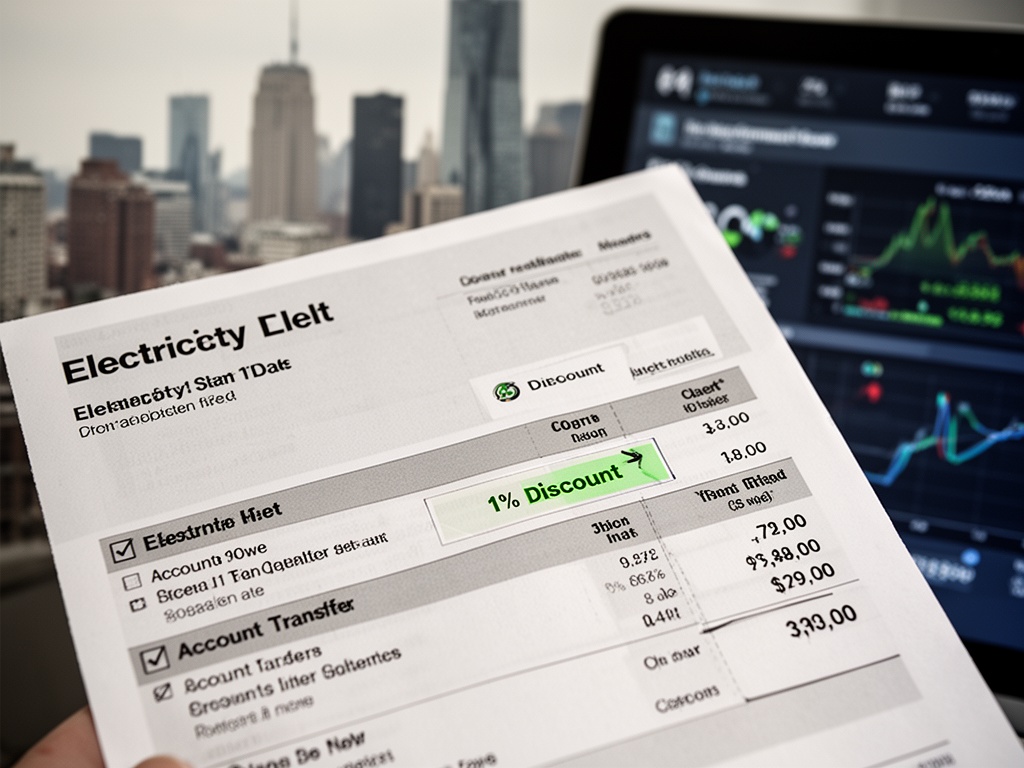 Close-up of electricity bill showing 1% discount notation and account transfer checkbox option