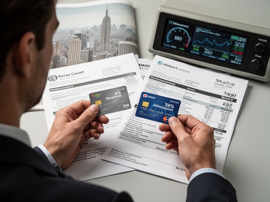 Hands holding credit card over gas and telecom bills highlighting partnership card discount percentages