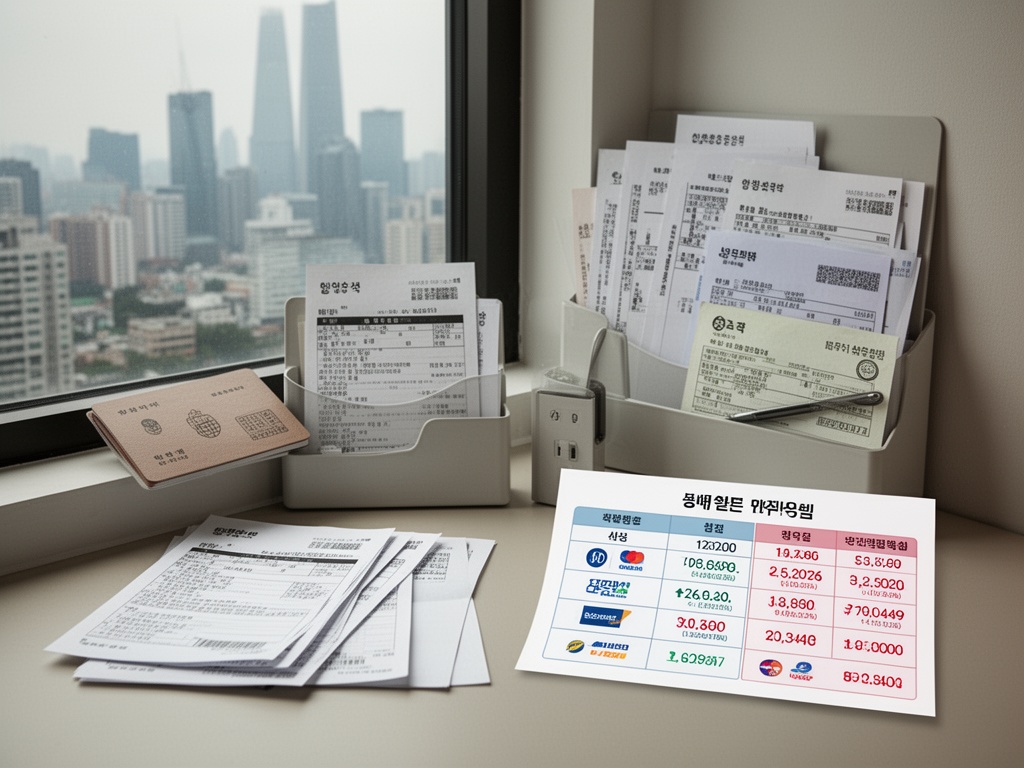 Korean home utility corner with organized bills, bank passbook, and comparison chart of payment methods