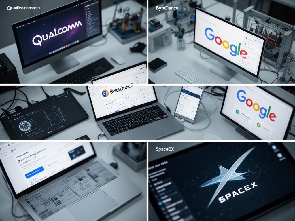 Separate corporate headquarters and research facilities representing Qualcomm, ByteDance, Google, and SpaceX in early 2026.