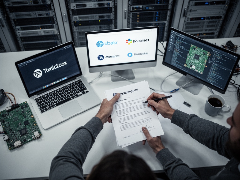 Handshake moment and contract signing between major tech companies, with circuitboards and server racks visible in background.