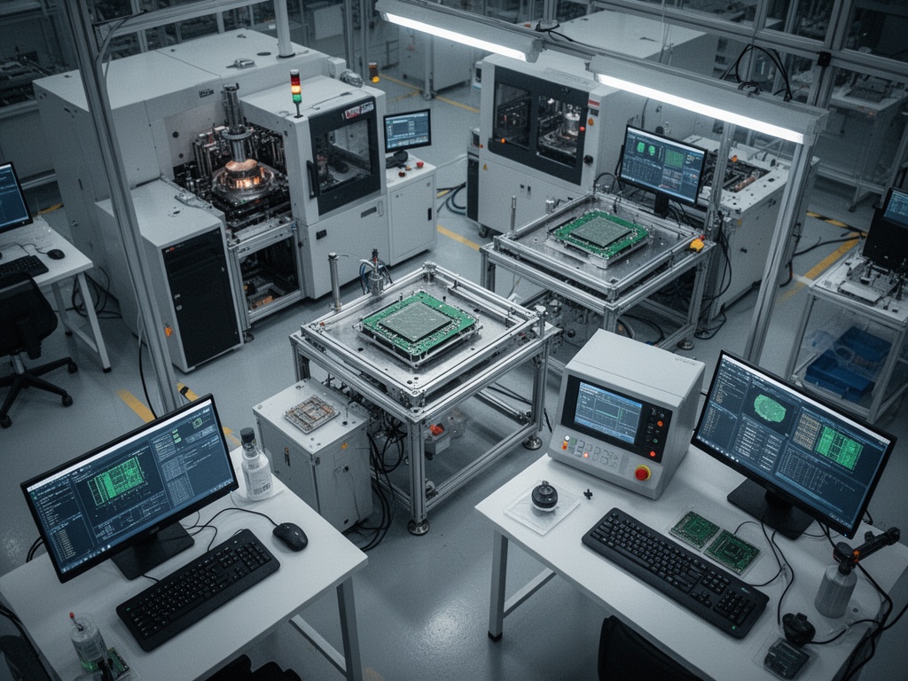 Overhead view of tech manufacturing facility floor with advanced chip production equipment and quality control stations in operation.