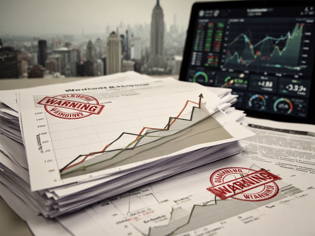 Stacked documents and charts showing steep upward trend lines with warning stamps overlaid on a desk.