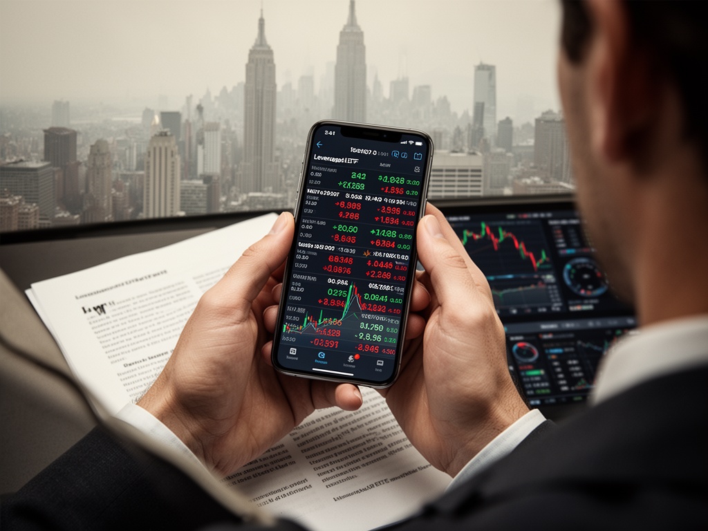 Close-up of hands holding a smartphone displaying leveraged ETF trading interface with rapidly changing numbers.