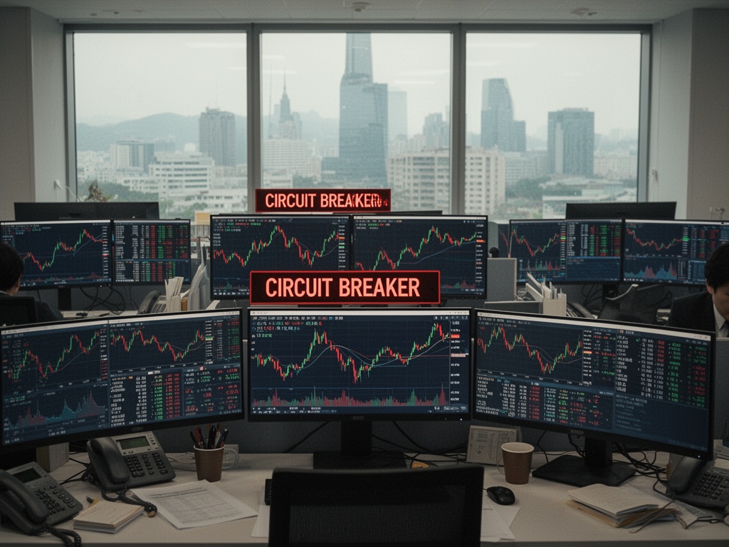 Wide view of a Korean brokerage office floor with multiple screens showing volatile price swings and circuit breaker alerts.
