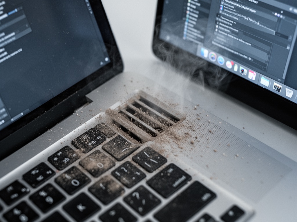 Dust-clogged laptop vents shown in close-up, air blocked by accumulated particles preventing heat dissipation.