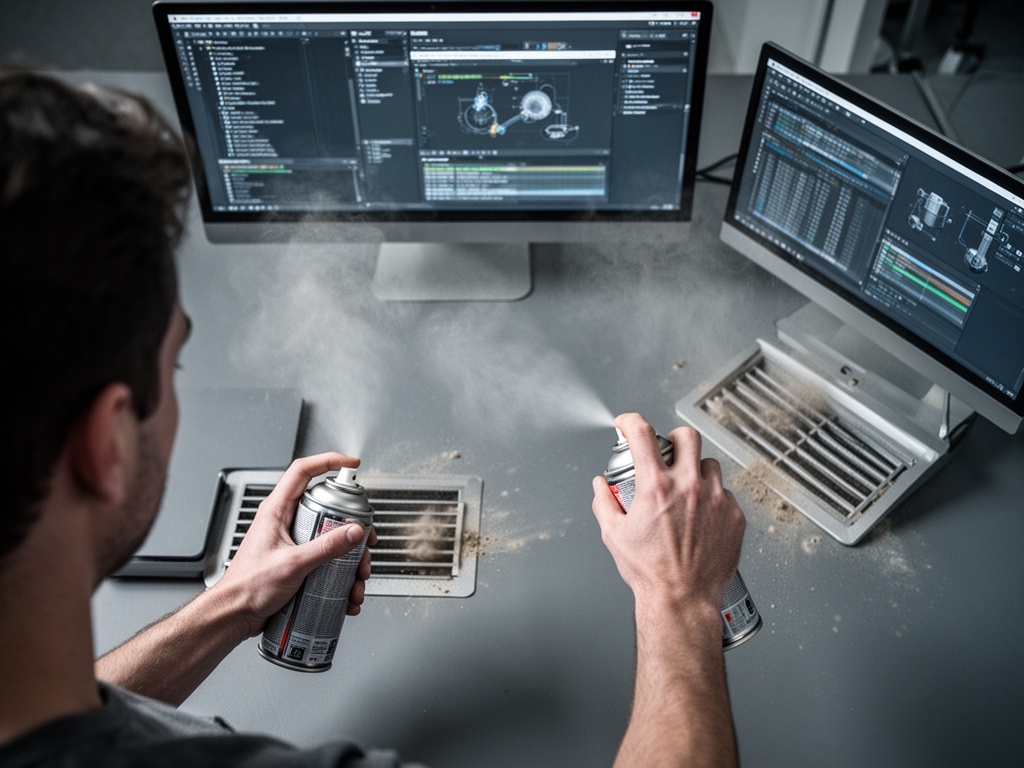 Hands using a compressed air canister to spray cooling vents from multiple angles, dust clouds emerging from intake and exhaust ports.