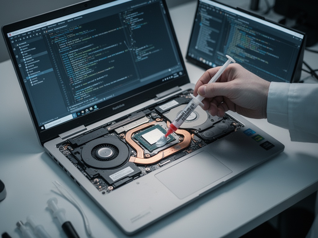Thermal paste application inside an open laptop chassis, replacing degraded thermal compound between CPU and heatsink for restored cooling efficiency.
