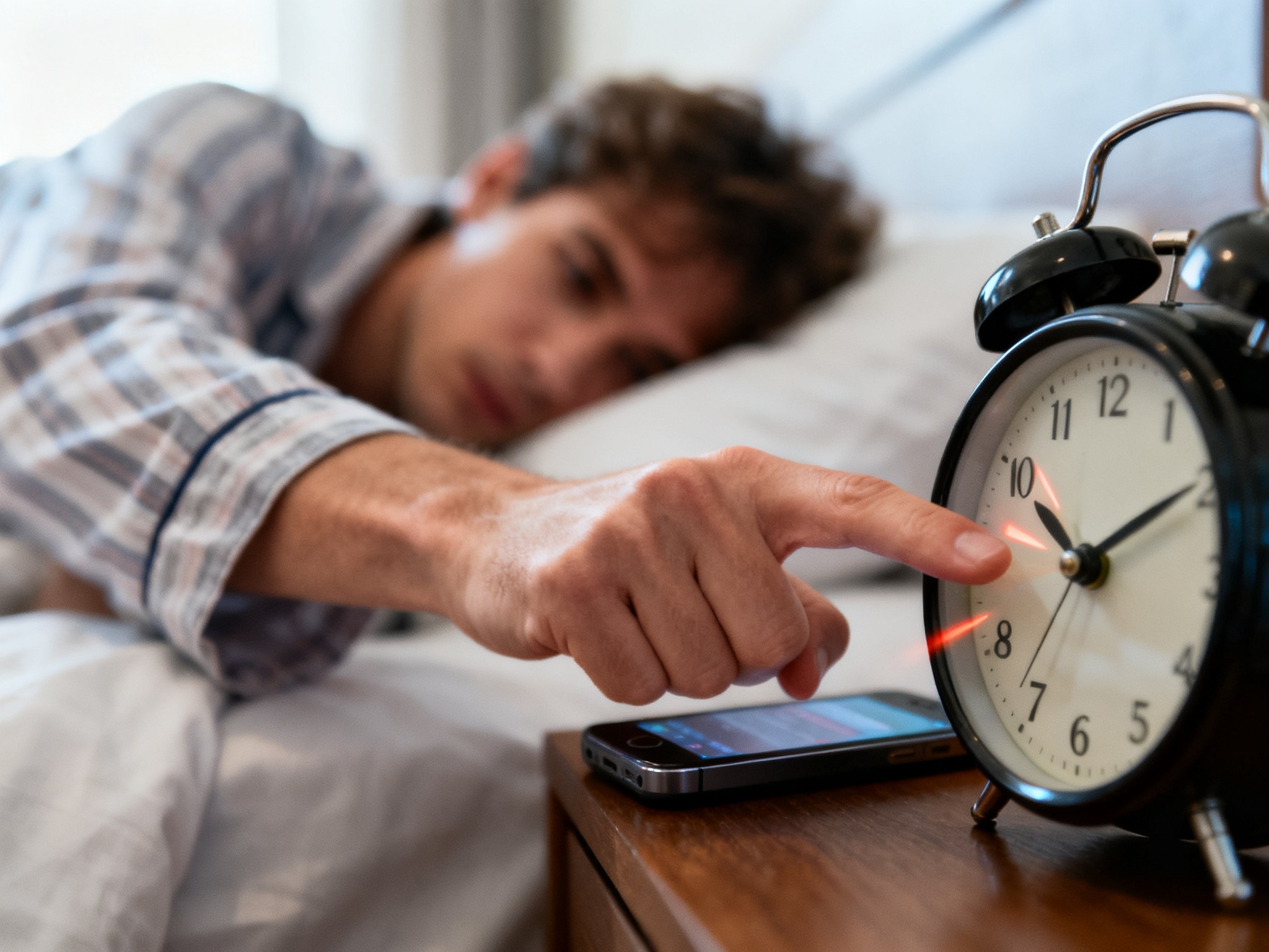 A person in bed reaching toward a phone with the alarm blaring, showing resistance to waking up.