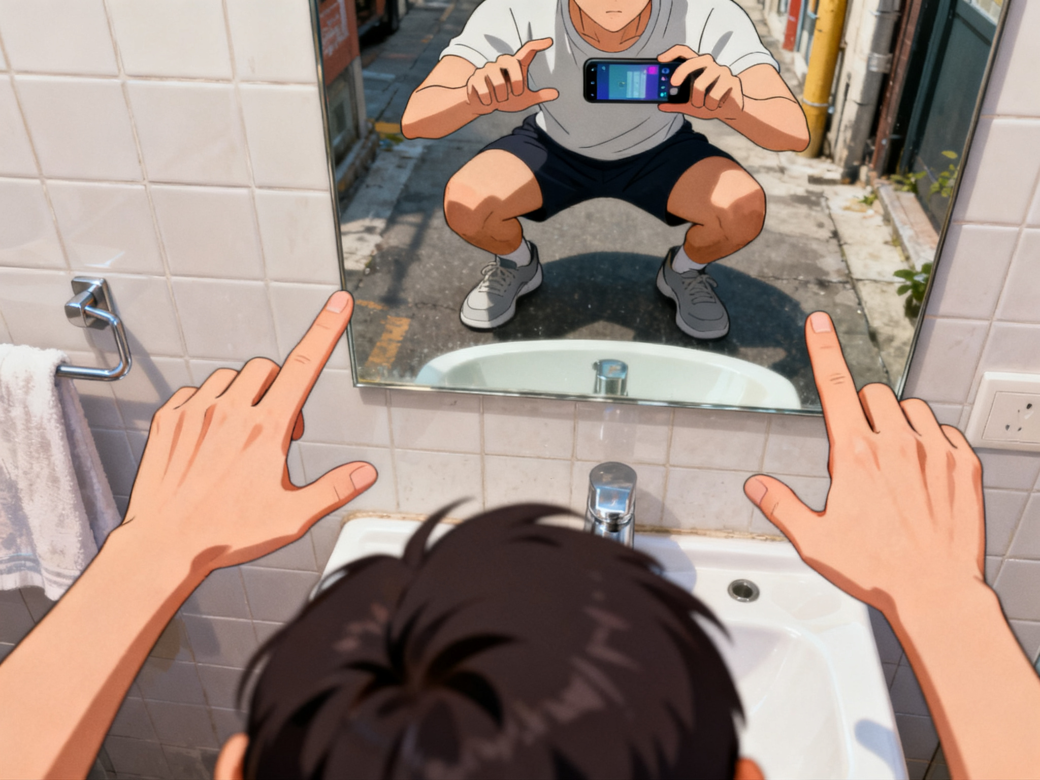 Hands performing squats in front of a bathroom mirror to complete the app's morning challenge requirement.