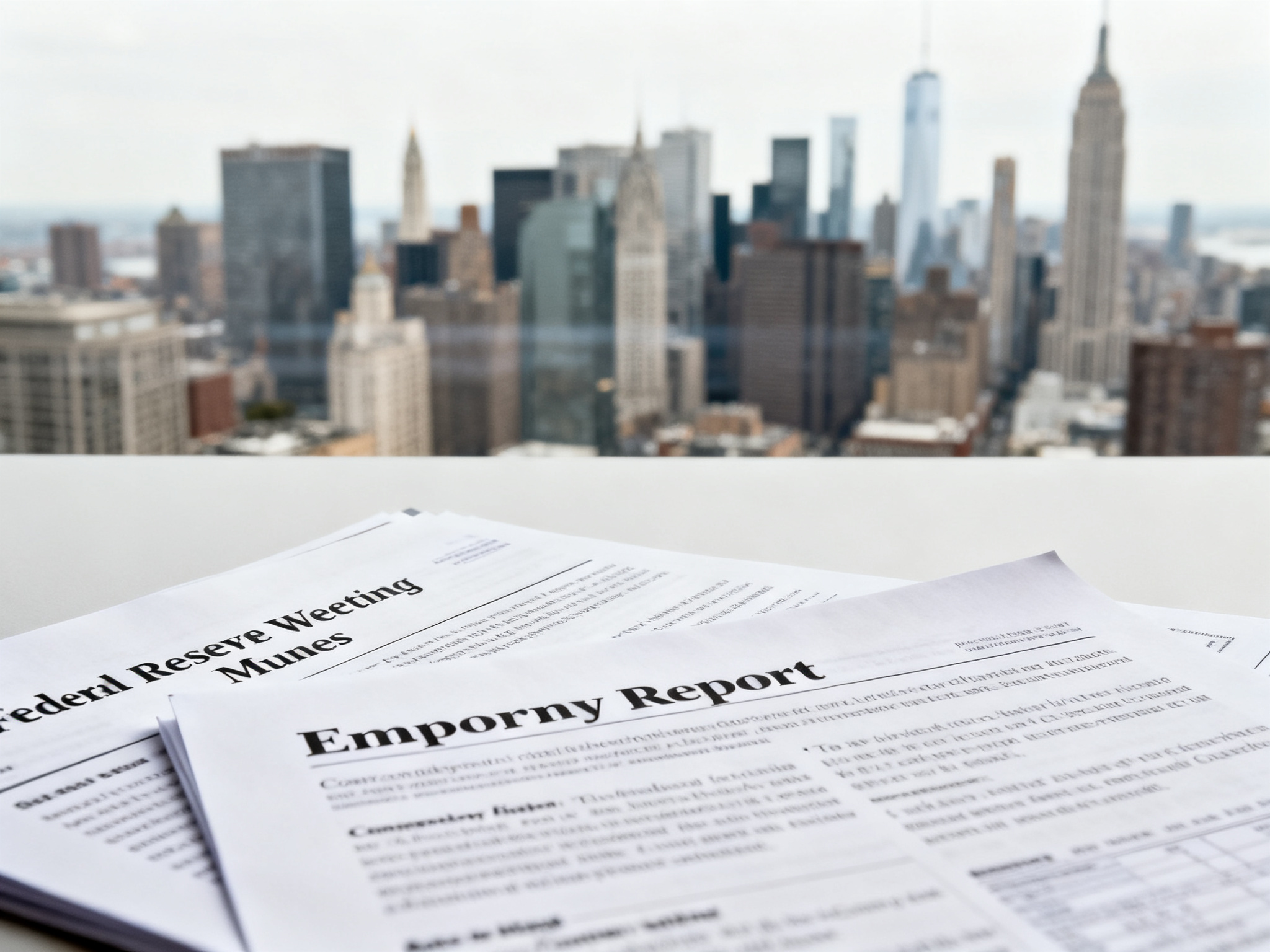 Federal Reserve meeting minutes and employment report documents spread on a desk, showing conflicting economic signals and rate-hike concerns.