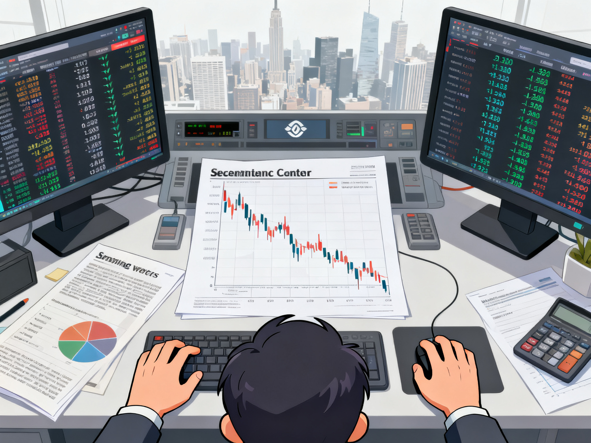 A semiconductor sector chart plummeting sharply after earnings disappointment, with trading terminals showing real-time sell orders cascading downward.