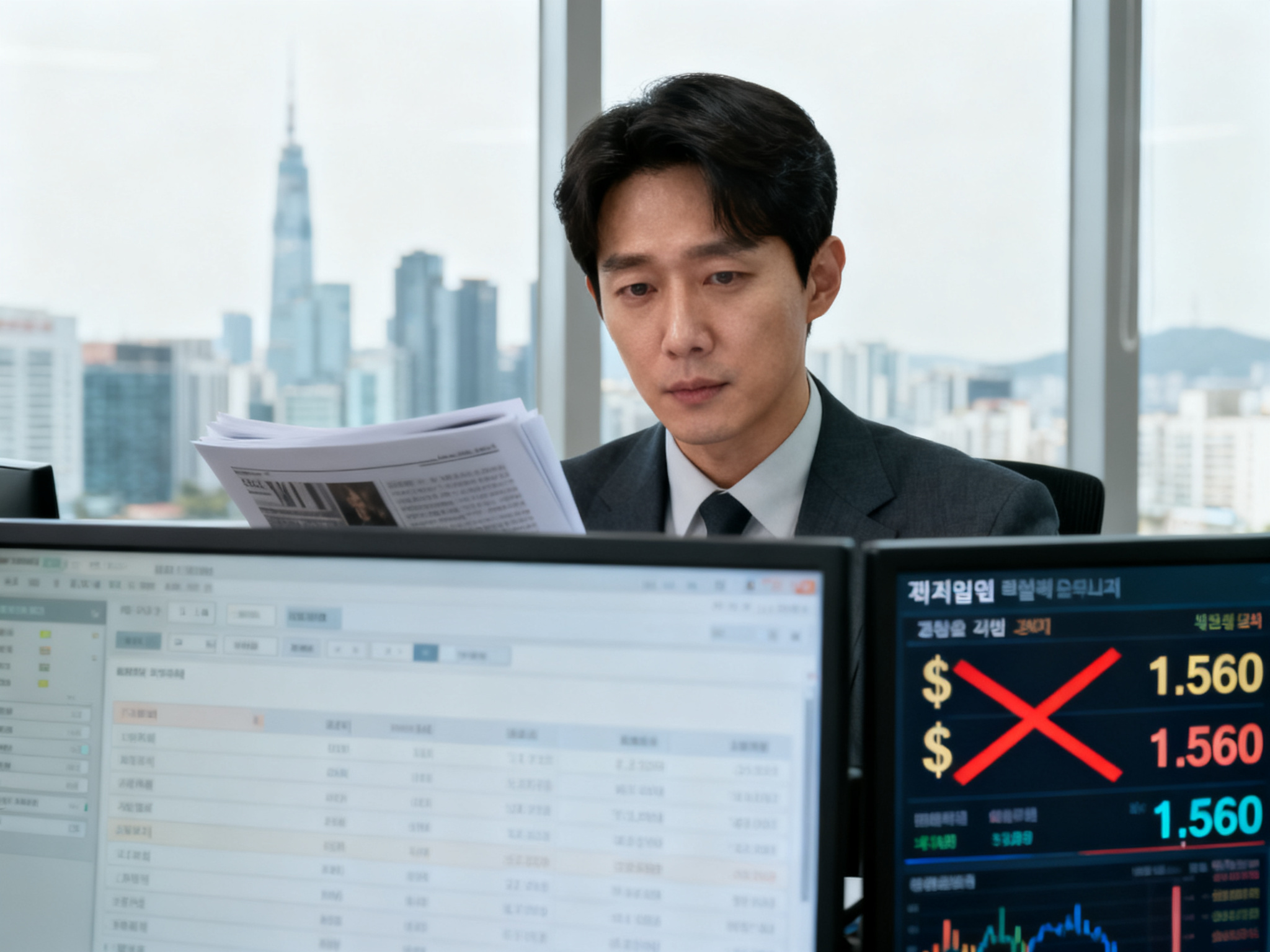 Currency exchange board showing won-to-dollar rate crossing 1,560 mark, with traders monitoring foreign capital outflow data on Korean market screens.