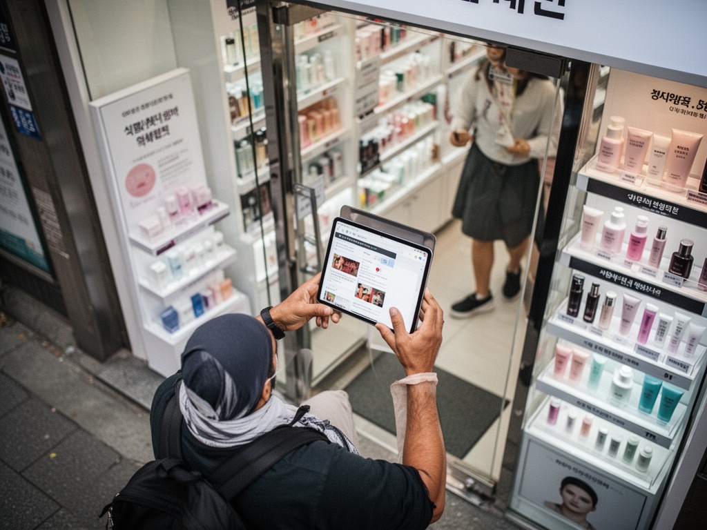 Individual tourist from Latin America or Middle East entering a Korean cosmetics store after discovering brand online.