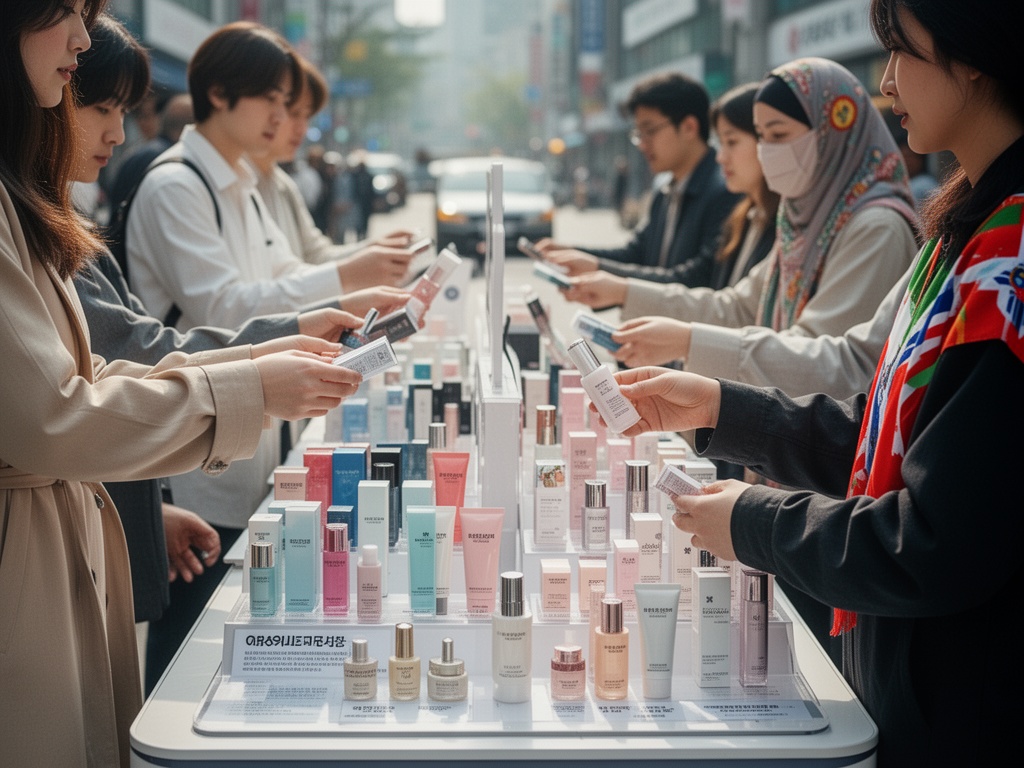 Checkout counter with multiple customers from different countries purchasing Korean beauty products simultaneously.