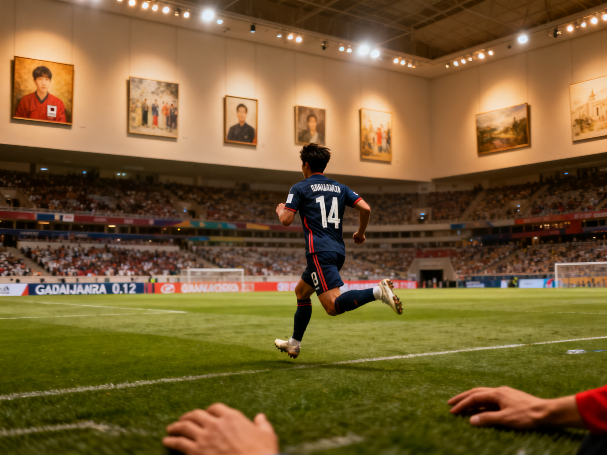 A Korean player in team uniform sprinting across high-altitude Guadalajara stadium during the group stage match on June 12.