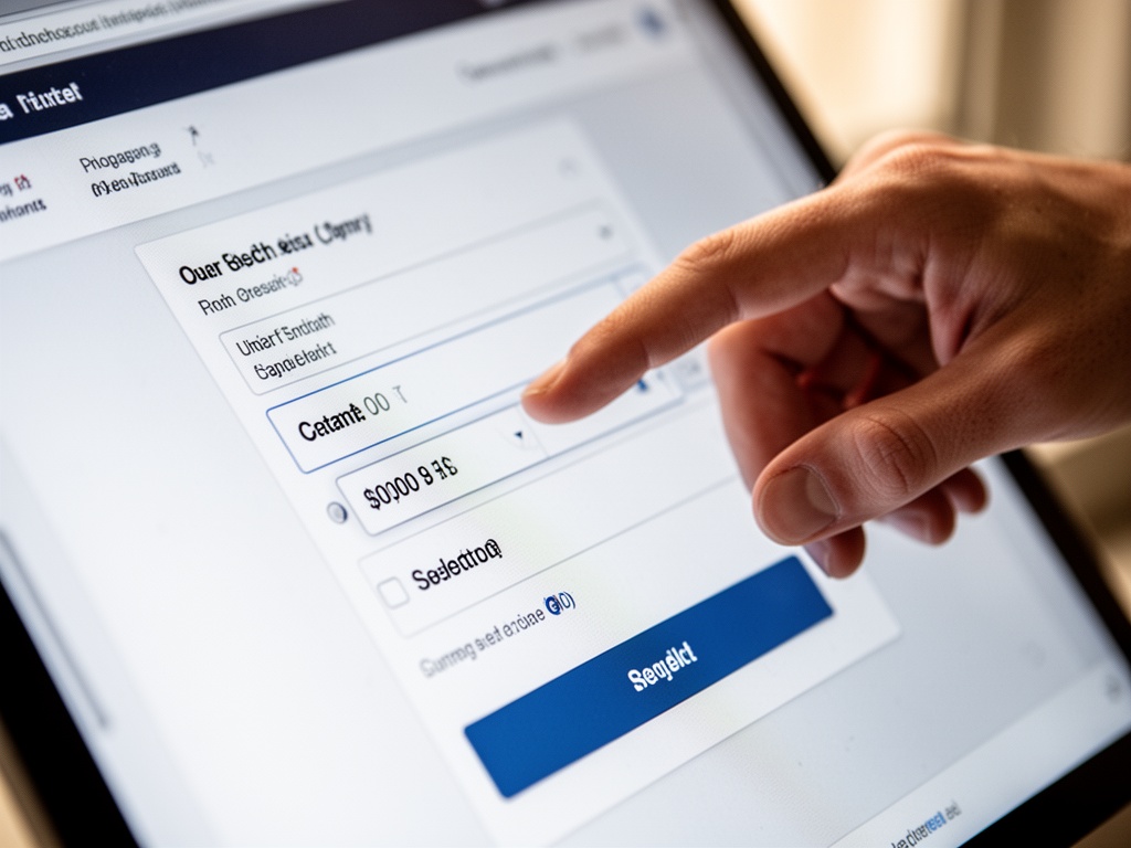 A traveler's hand hovering over currency selection dropdown menu during online checkout process.