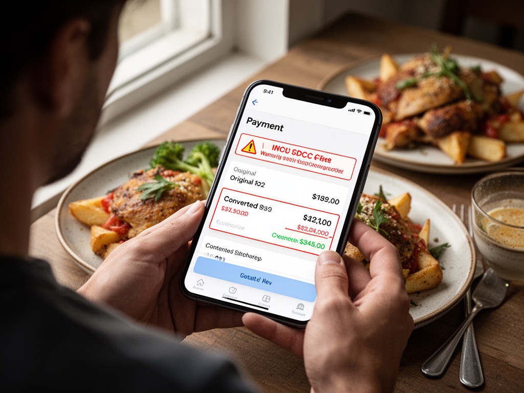 Payment screen with DCC fee warning highlighted, showing original price versus converted amount with surcharge.