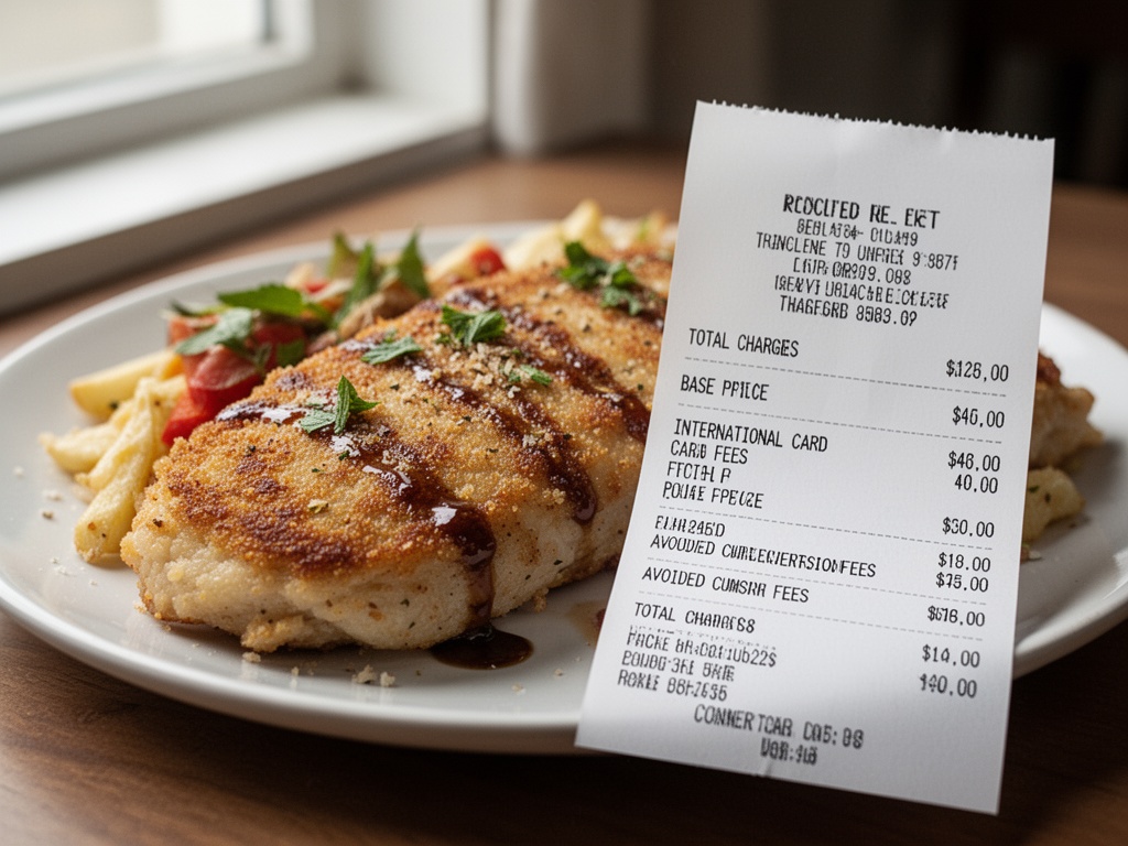Receipt or confirmation showing total charges broken down: base price, international card fees, and avoided currency conversion fees.
