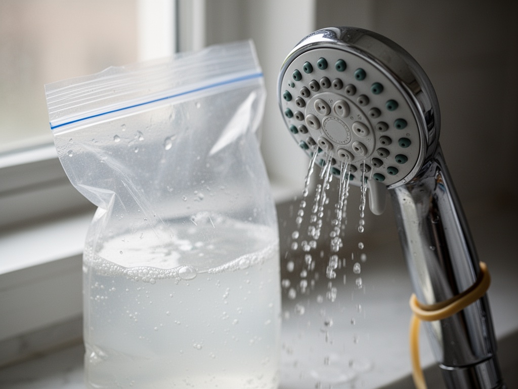 A clear plastic bag half-filled with white vinegar positioned next to an unmarked showerhead, rubber band nearby.