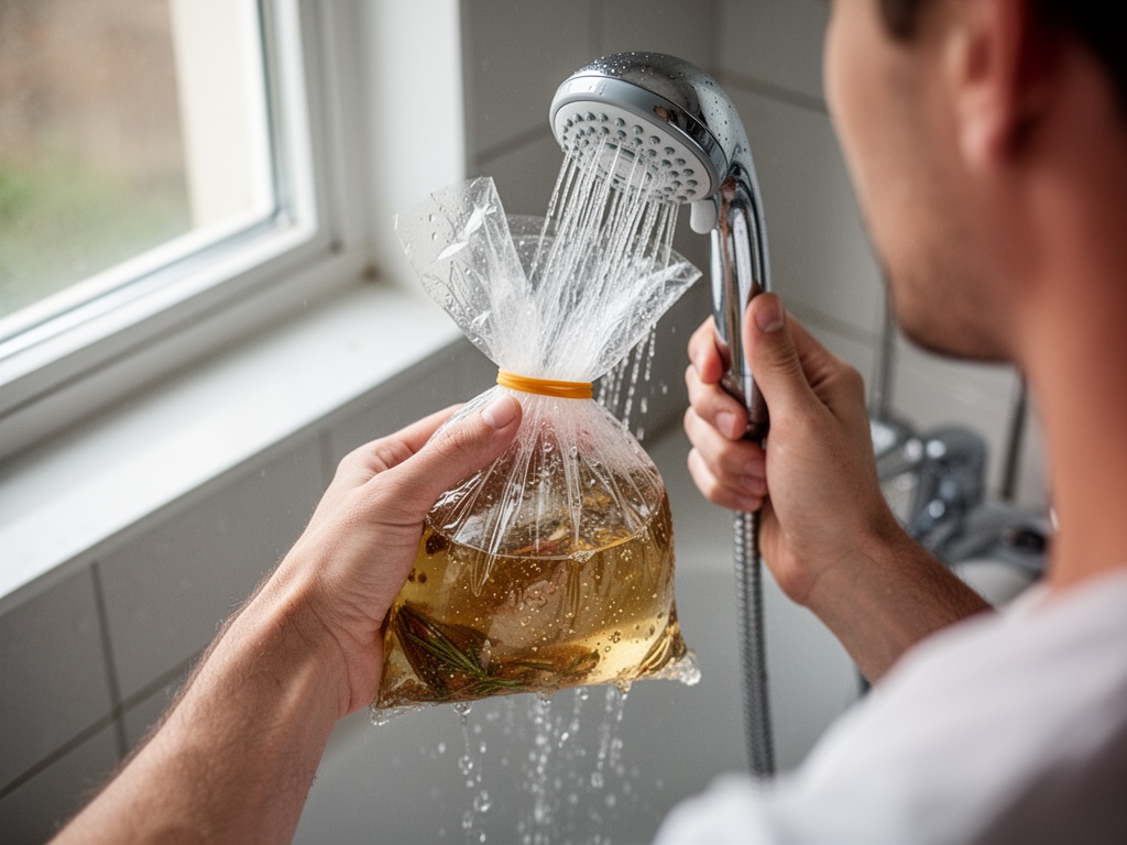 Hands securing a vinegar-filled bag tightly around the showerhead with a rubber band, submerging the nozzle completely.