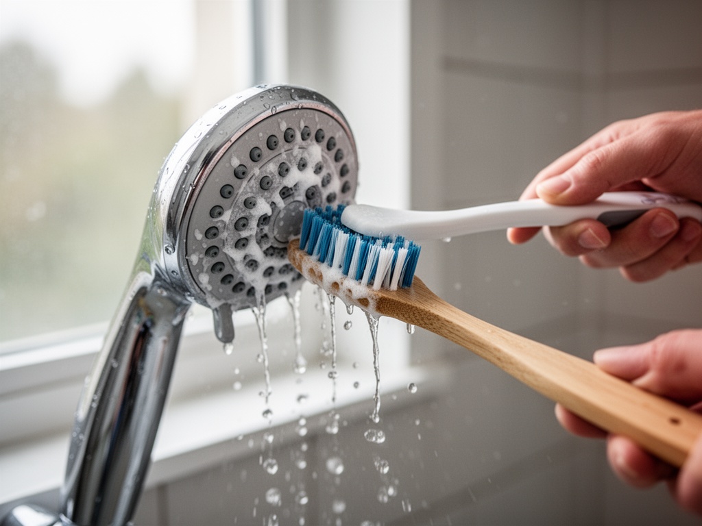 An old toothbrush gently scrubbing residual white mineral deposits from showerhead nozzles after vinegar soak and hot water rinse.