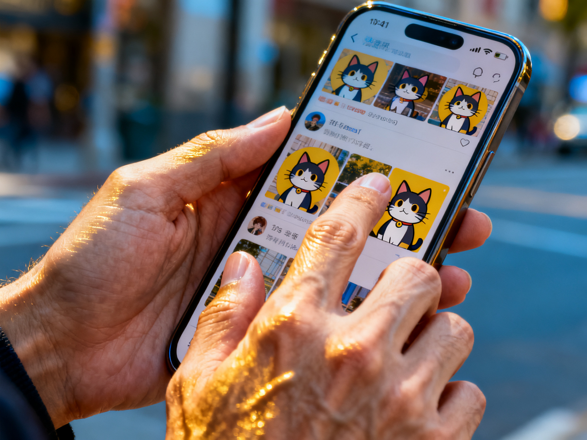 Close-up of hands scrolling through years of popular posts featuring the beloved cat mascot across municipal platforms.