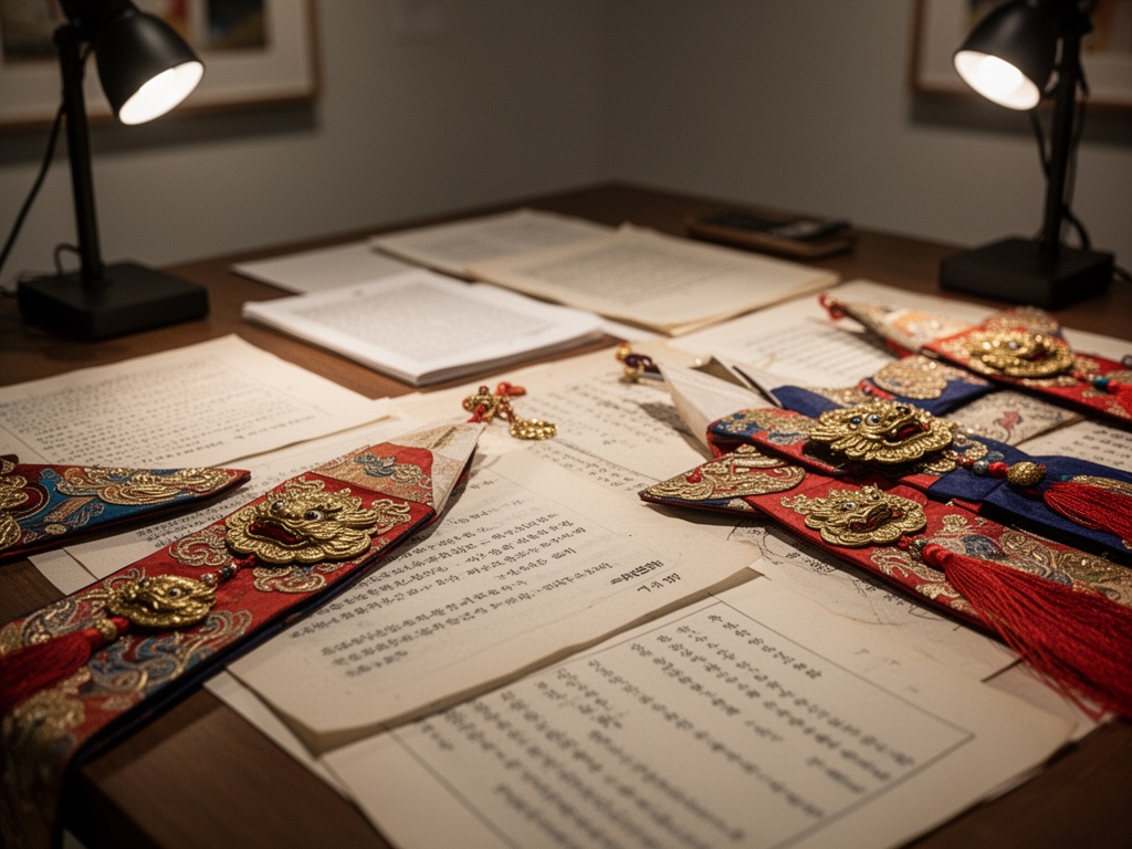 Historical text and reference documents about East Asian ritual regalia spread across a research desk.