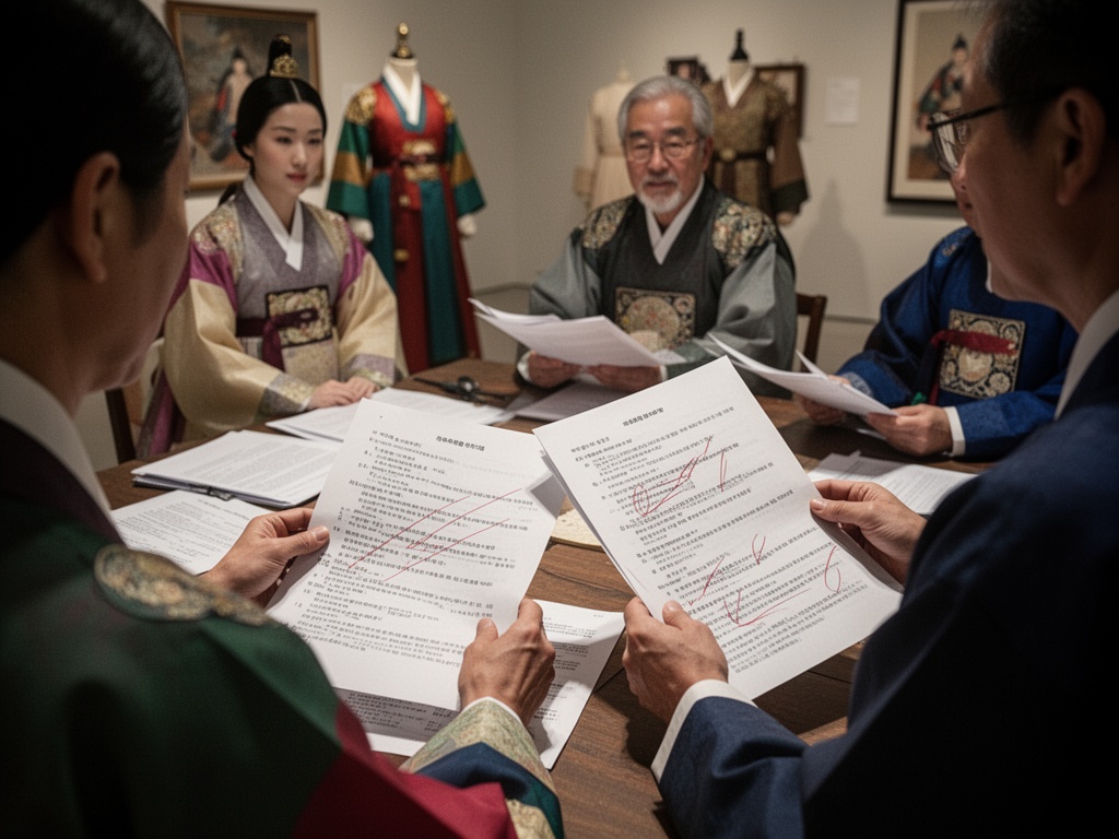 A production meeting scene with costume and historical consultants reviewing script pages with marked corrections.