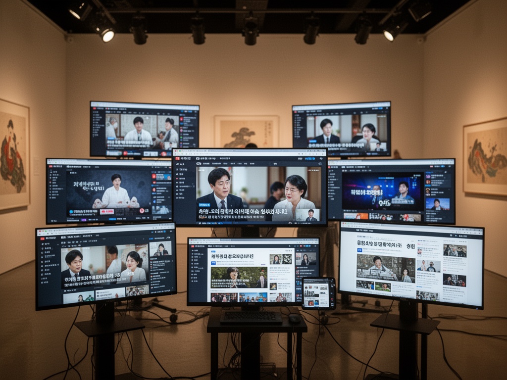 Multiple digital screens showing synchronized updates across broadcast, streaming, and publication platforms with edited content.