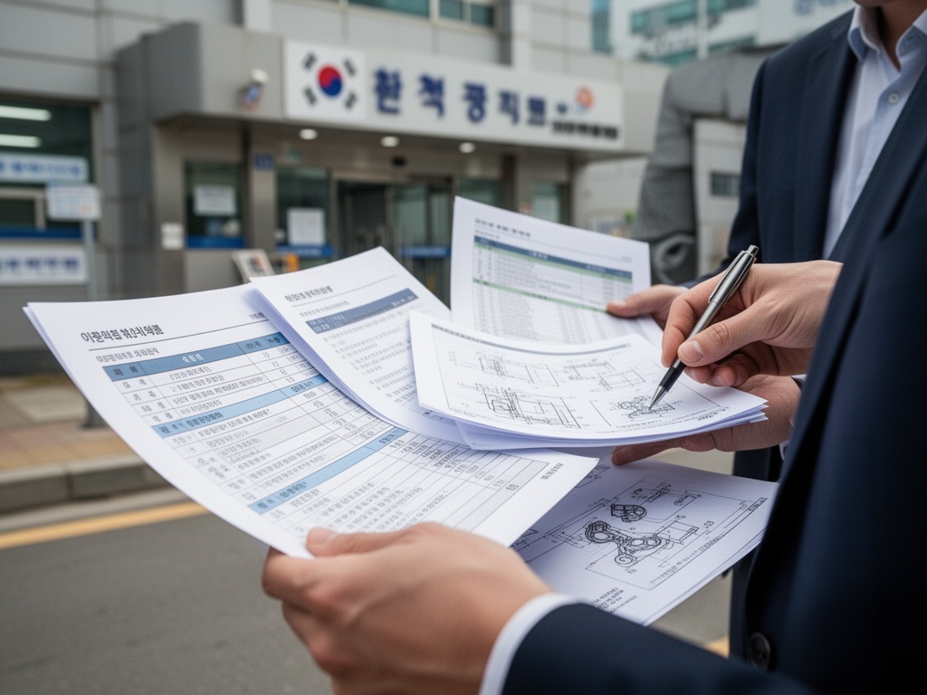 Before: Global investors studying semiconductor specification documents and robotics blueprints at a Korean factory entrance