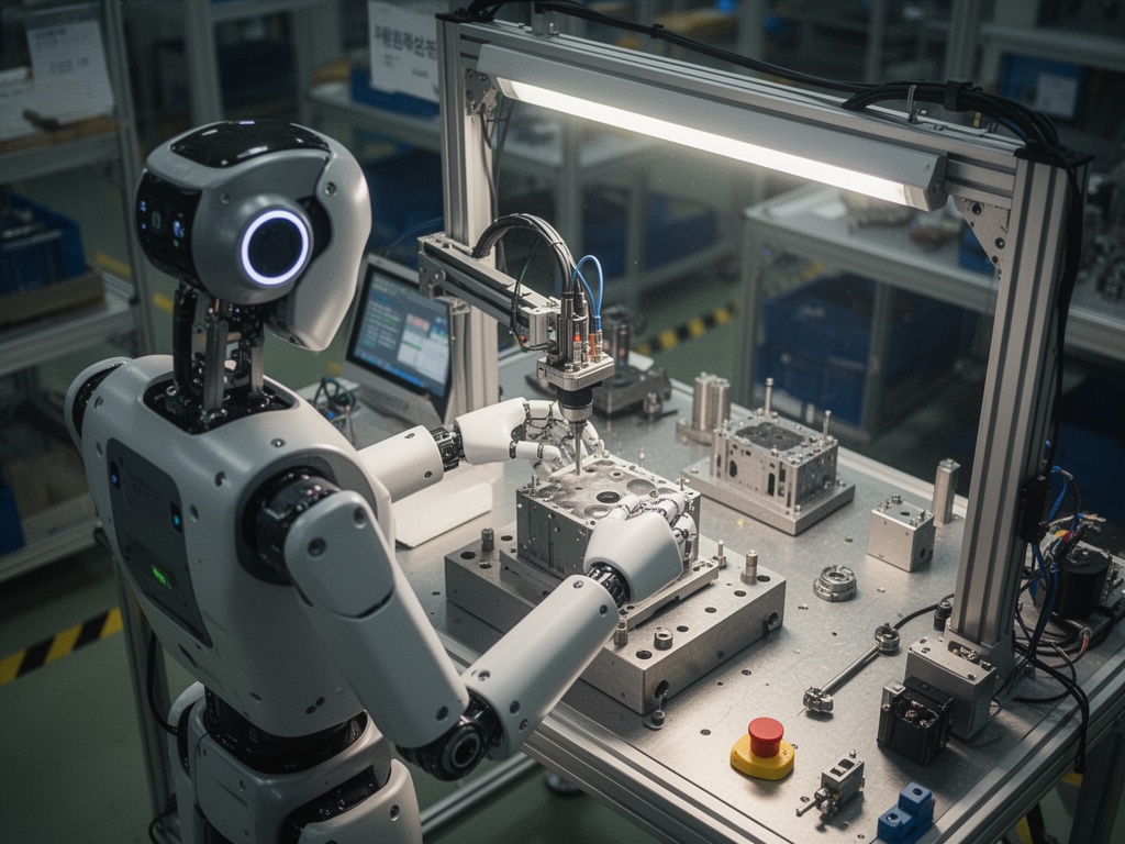 Peak moment: Humanoid robot prototype standing in manufacturing facility performing precision component assembly task with industrial lighting