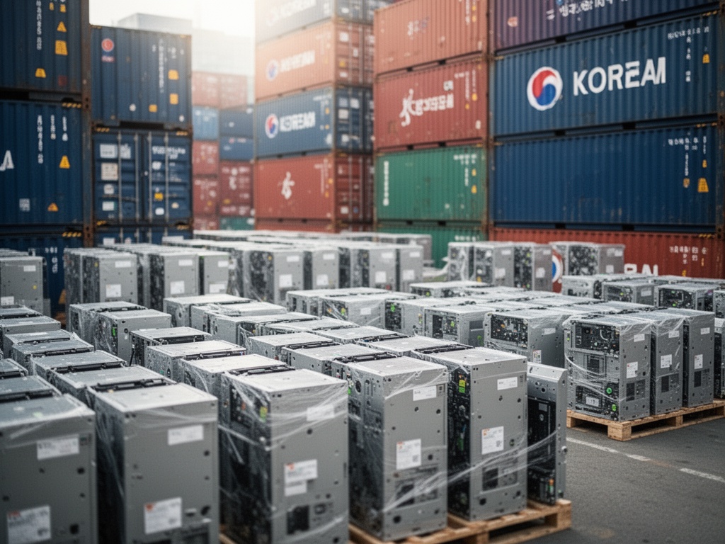 After: Rows of assembled devices and shipping containers stacked in a Korean logistics warehouse ready for global distribution