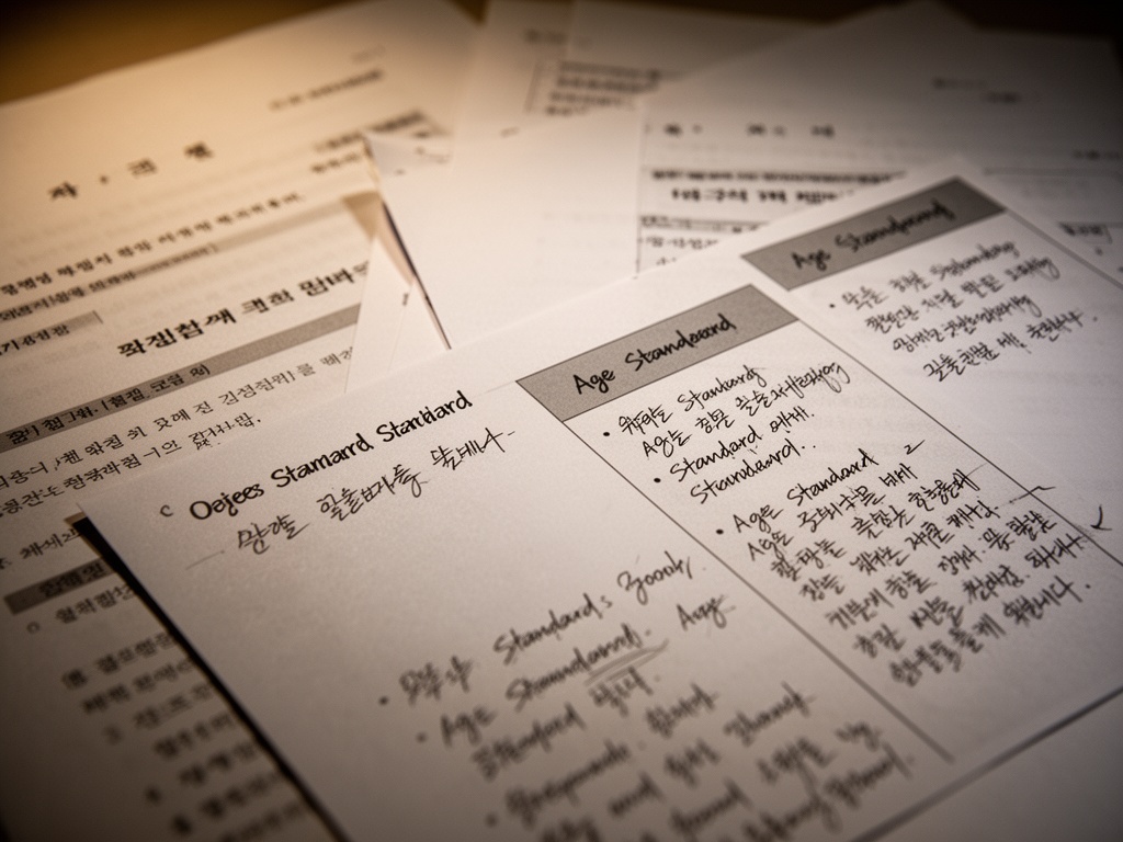 Close-up of overlapping law documents with handwritten notes comparing different age standards and regulations.