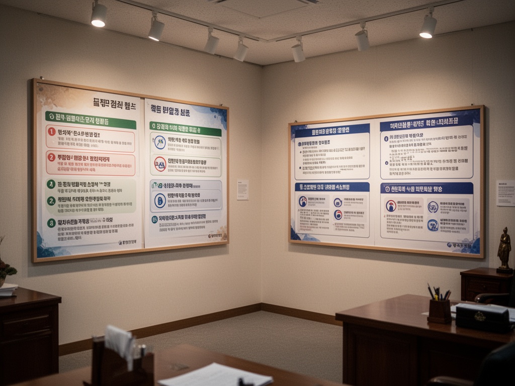 Wide shot of a Korean government office interior with bulletin boards displaying updated age-based regulations and citizenship guidelines.