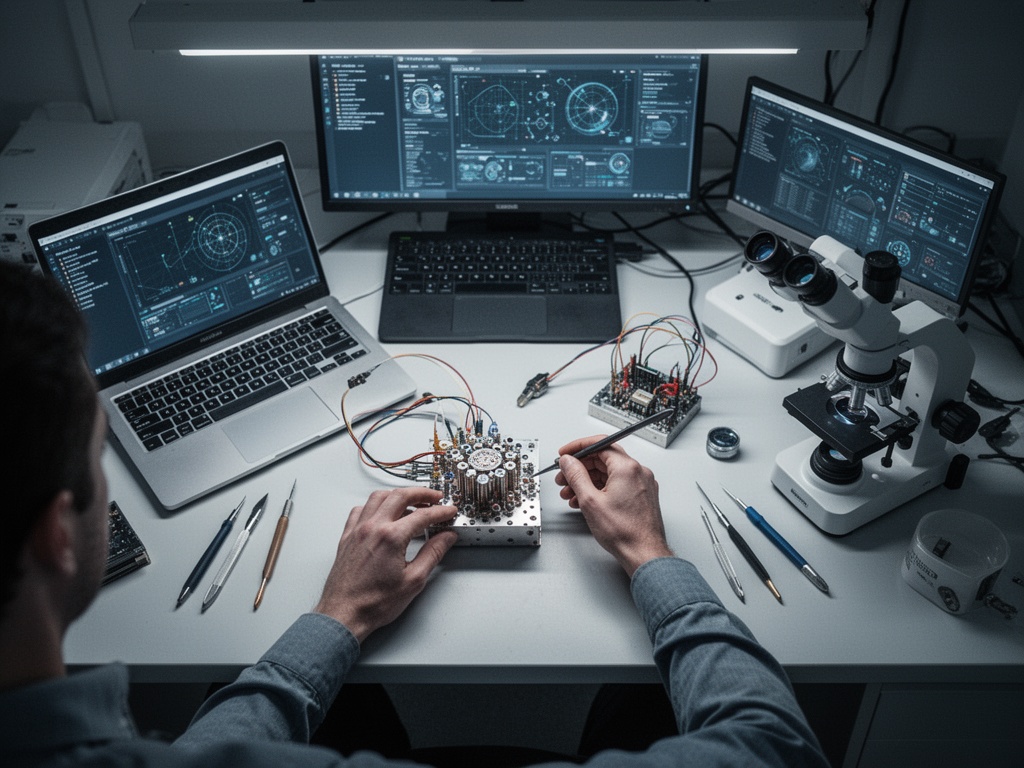 Hands assembling quantum computing components on a workbench with precision tools and optical equipment.