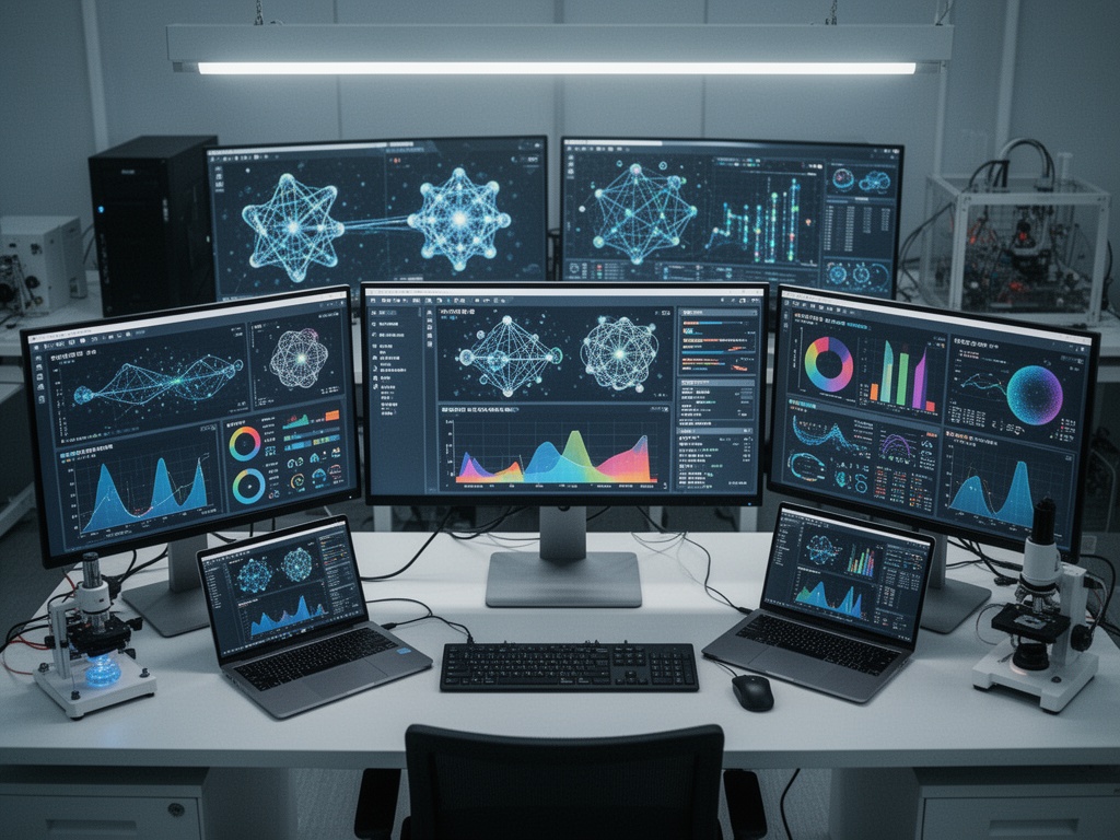 Multiple computer screens displaying quantum computing data analytics and performance metrics in a Korean research institute.