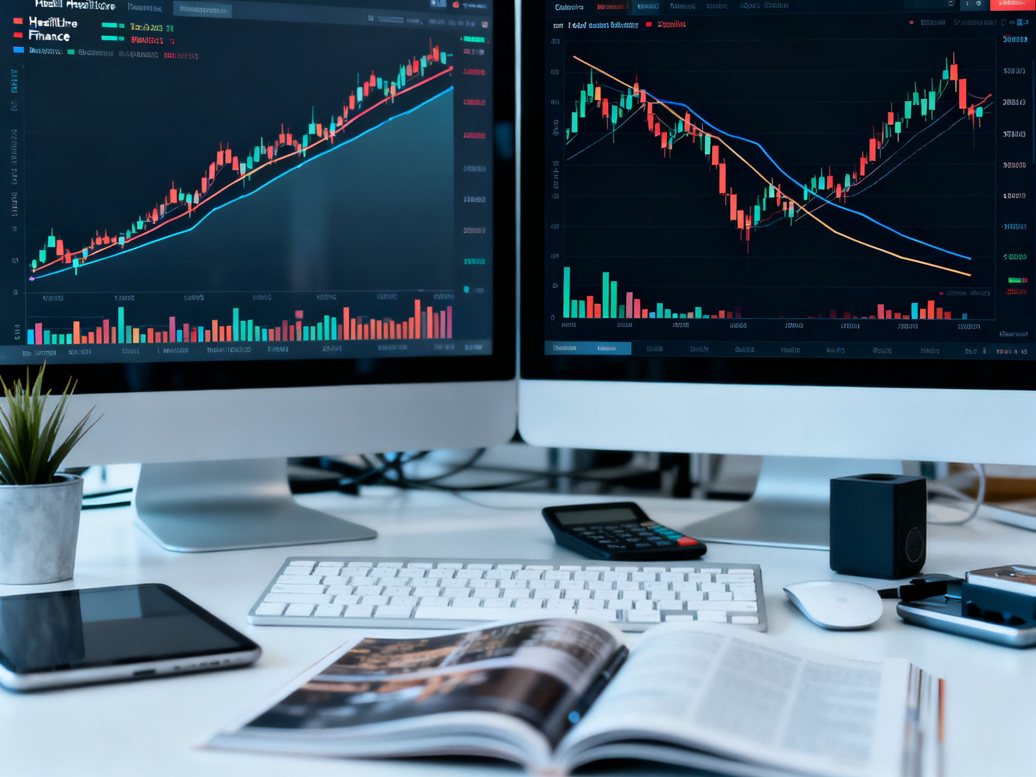 Split-screen financial charts showing healthcare and finance sectors climbing while tech stocks decline, visualizing sector rotation and capital reallocation.