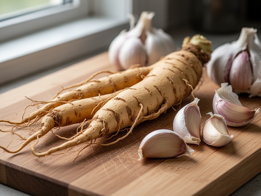 Close-up of raw ginseng root and garlic cloves laid on a wooden cutting board before preparation.