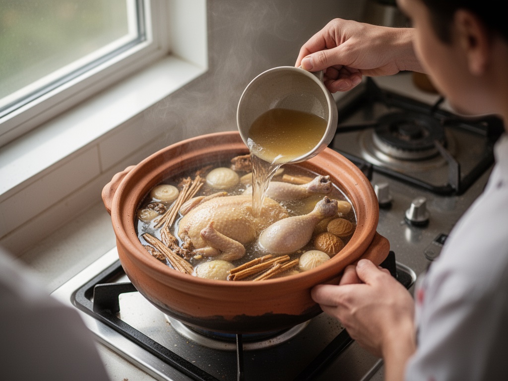 Hands pouring hot broth into a clay pot filled with chicken and medicinal ingredients on a stove.