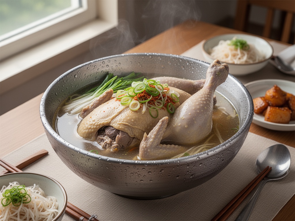 Overhead view of a finished samgyetang bowl with condensation on the rim, seated on a Korean dining table during summer season.