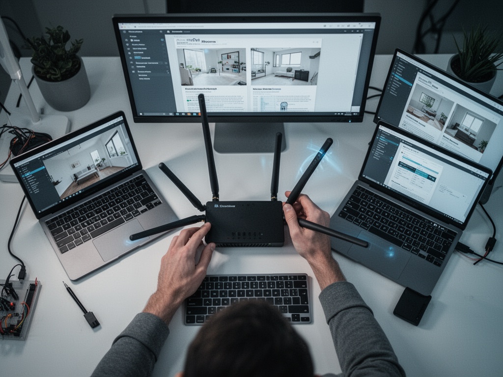 Hands adjusting router antenna angles in different directions—one vertical, one horizontal—to maximize signal distribution across rooms.