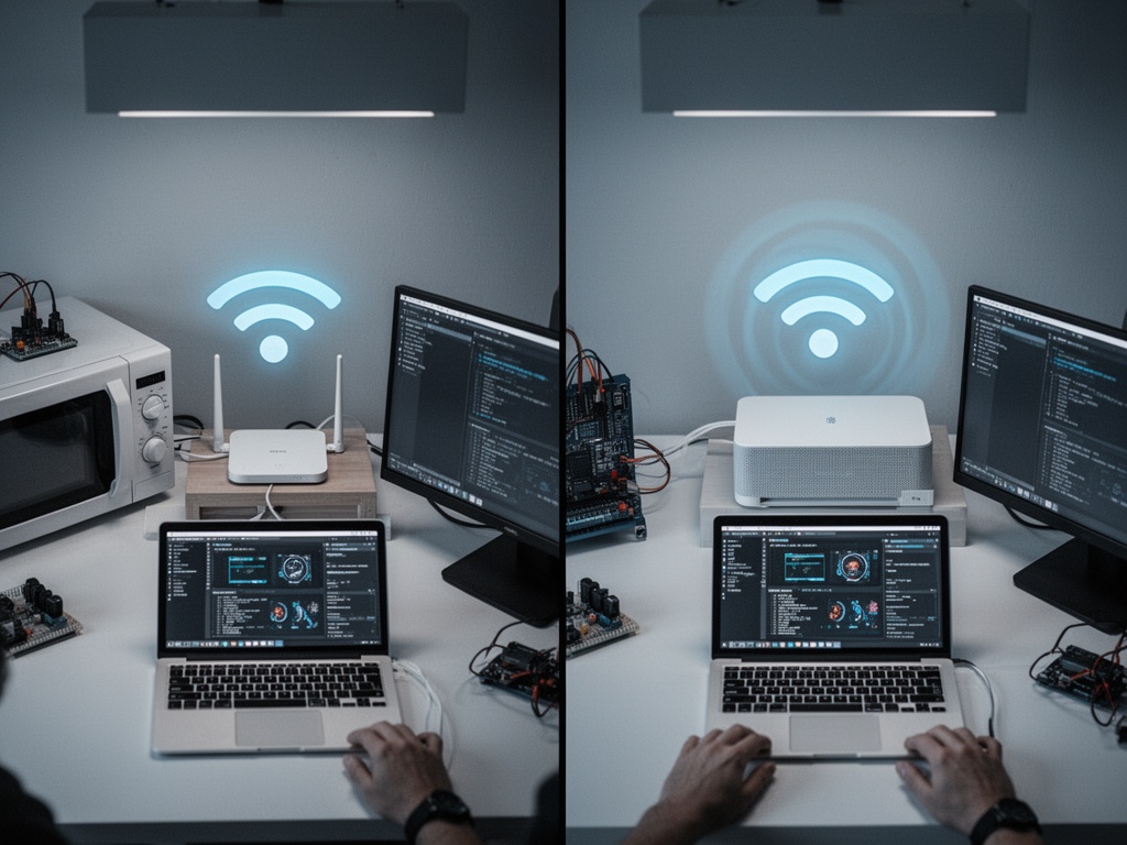 Split-screen comparison: weak WiFi signal bars on left side (router near microwave), strong bars on right side (router repositioned to center).