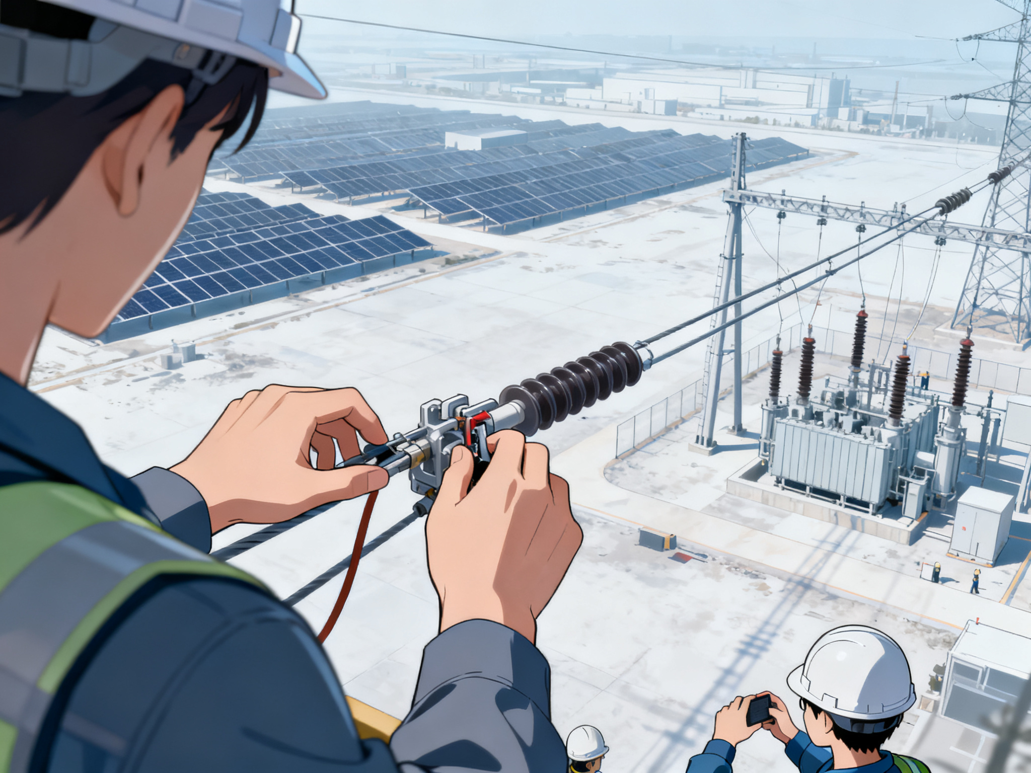 Engineering team installing high-voltage transmission lines and renewable energy equipment on sprawling industrial site.