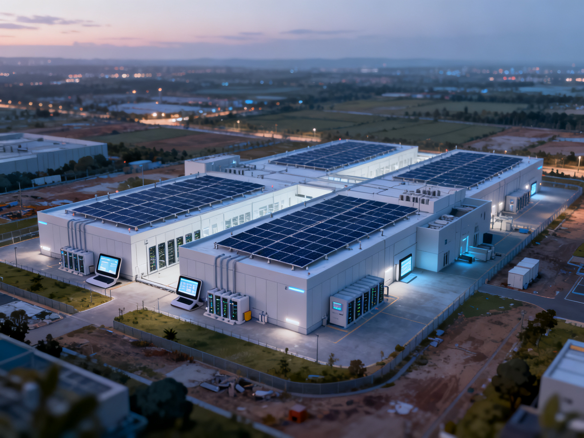 Aerial view of completed data center complex with integrated solar arrays and surrounding development landscape at dusk.
